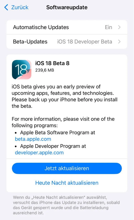 潼关苹果手机维修分享苹果 iOS / iPadOS 18 开发者预览版 Beta 8 发布 